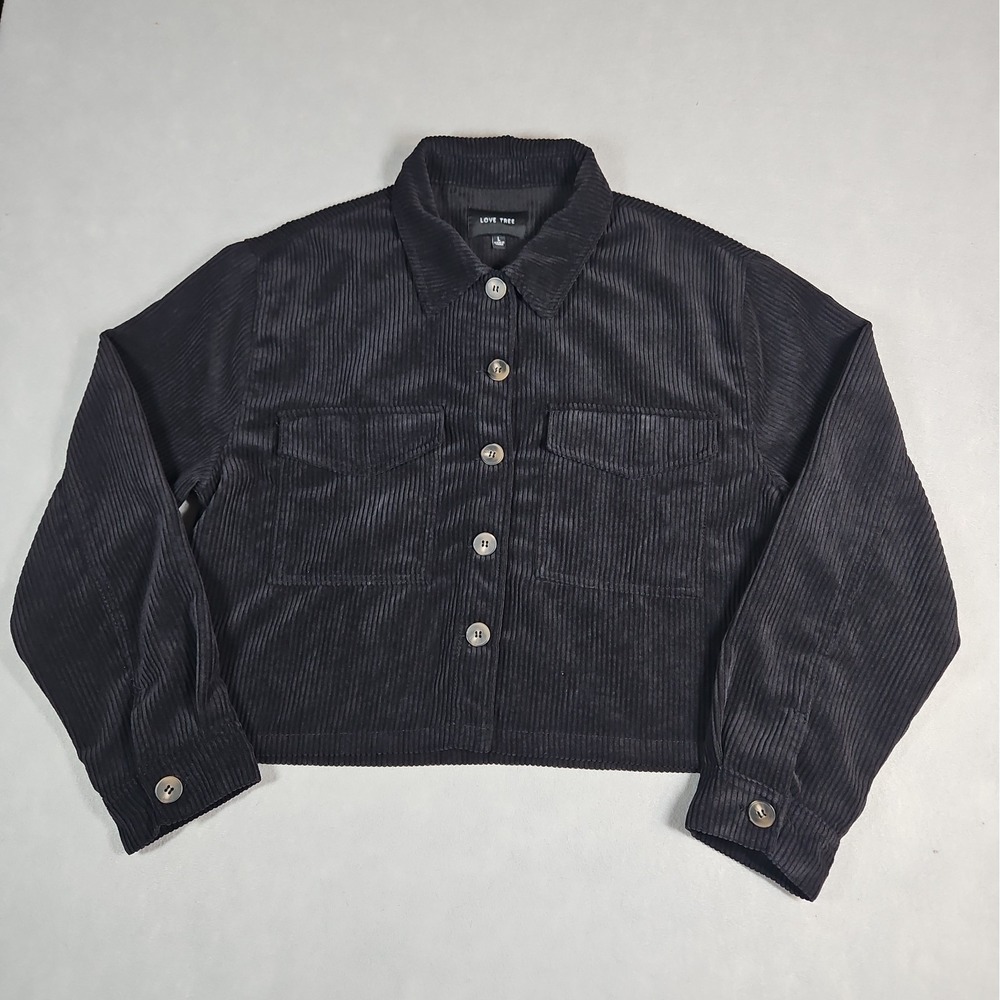 Love Tree Womens Black Corduroy Cropped Shacket Shirt Jacket Size Large